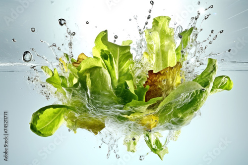 dynamic splash of lettuce immersed in water.