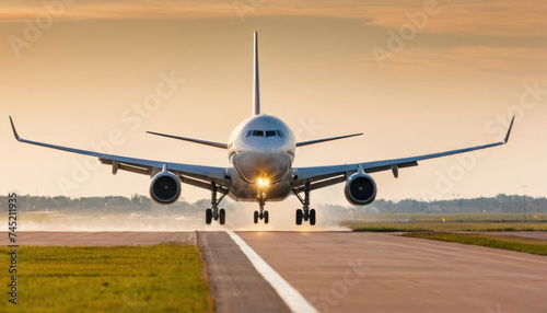 Commercial airplane takes off over the runway photo