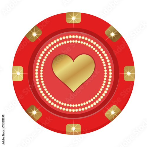 Round vector winning red and gold casino chip with glitter, expensively decorated with diamonds. Flat vector illustration.