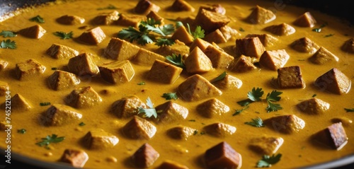 a close up of a pan of food with tofu and carrots in a yellow sauce with parsley on top.