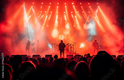 A live band performs on stage at a concert with a silhouette of a crowd under red stage lights.