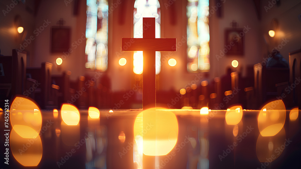 An illustration for the Easter holiday. A cross on the background of a church.
