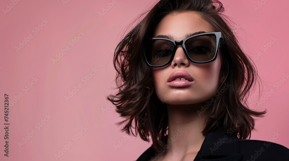 Fashionable woman in sunglasses chic pose neutral background copyspace for style trends Fashionable woman in sunglasses chic pose neutral background copyspace for style trends