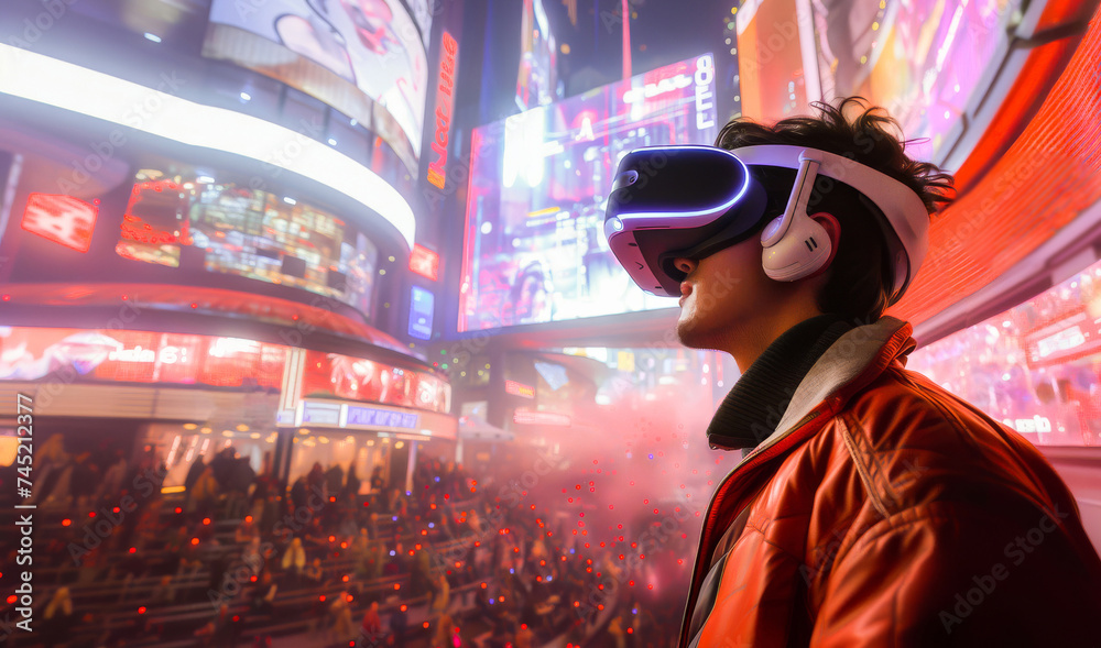 A young man experiences virtual reality with a VR headset amidst the glowing neon lights of a vibrant city at night. A young man experiences virtual reality with a VR headset amidst the glowing neon lights of a vibrant city at night.