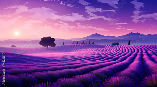 A field of lavender flowers with a blurry sky in the background