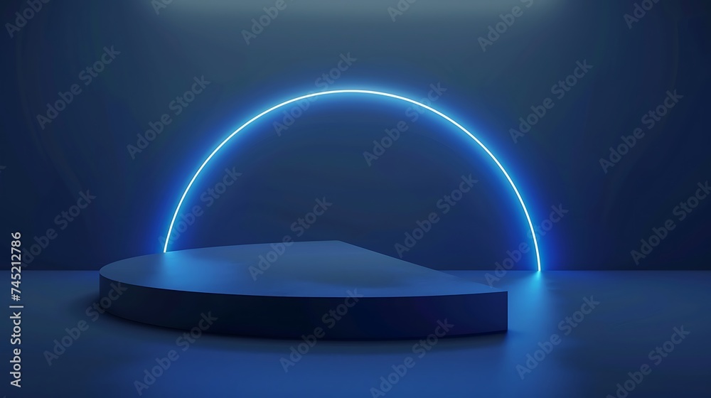 Abstract dark blue cylinder pedestal podium. Sci-fi abstract room concept with glowing neon curve lighting line. Mockup product display. Futuristic minimal wall scene. Generative Ai