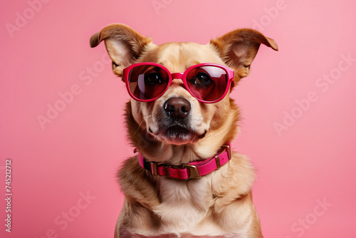 A dog wearing sunglasses and a pink collar. The dog is smiling and looking at the camera. The image has a playful and fun mood © IOLA