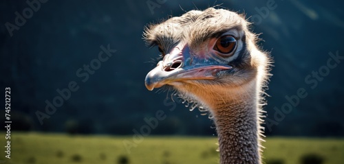 a close up of an ostrich's head with a mountain in the backgrouch in the background. photo