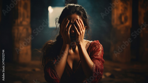 Woman covers her face with hands, embodying despair or shame against a dramatic backdrop. A vivid portrayal of emotional pain, regret, and the complexity of personal turmoil and mental anguish. photo