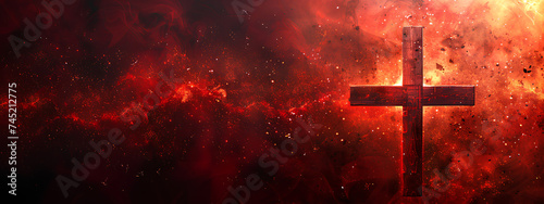 The concept of Easter and religion. Abstract banner with a wooden cross on an abstract red background with a place for text. photo