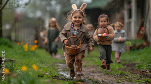 Happy Easter children run with a basket full of eggs. Bright Easter.