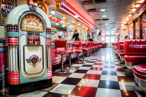 Classic American diner with red leather seats, retro jukebox and checkerboard floor, invoking a sense of nostalgia.