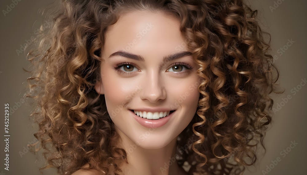 Curly Hair Happy Woman with Smiling Face
