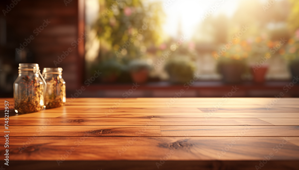 empty wooden table and blurred kitchen background in sunlight. empty wooden table and blurred kitchen background in sunlight.