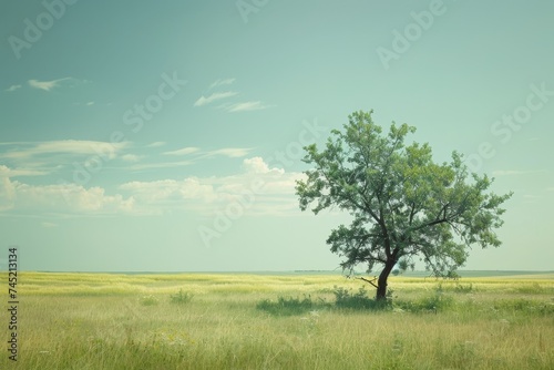 A single tree in a grassy field, in the style of muted seascapes, nostalgic imagery, prairiecore, national geographic photo, light cyan and green, light cyan and yellow, soft and airy compositions photo