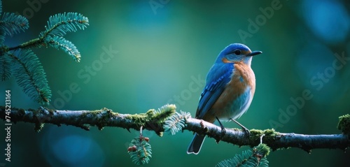 a blue bird sitting on a branch of a pine tree with cones on it's end and a pine cone in the foreground. photo