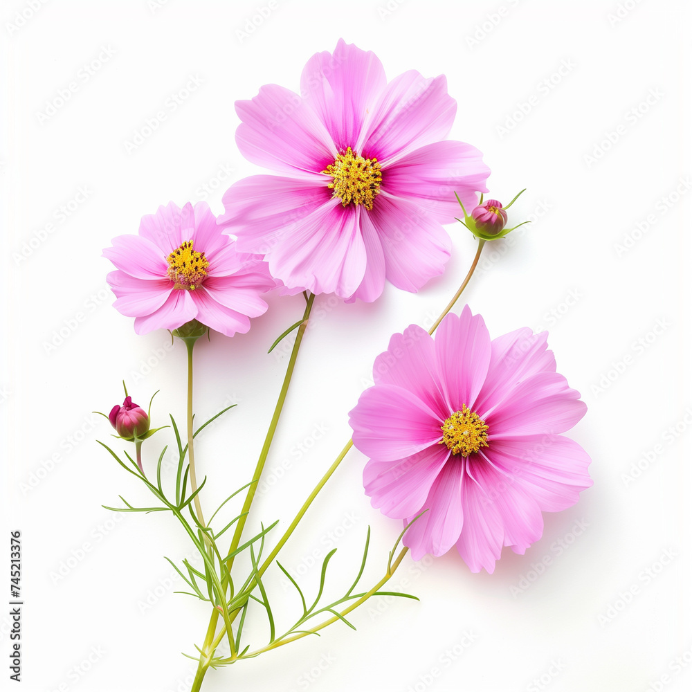 Three vibrant pink cosmos flowers with delicate petals and golden centers isolated on white background, ideal for gardening or springtime concepts, with copy space