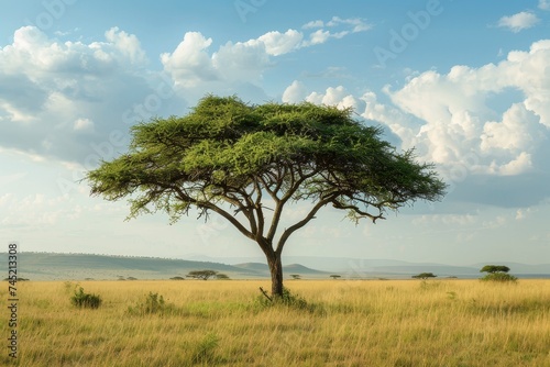 A single lone tree in a green field on a clear blue sky, in the style of nostalgic mood, matte photo, prairiecore, realistic landscapes with soft, tonal colors, use of vintage imagery, lively coastal  photo