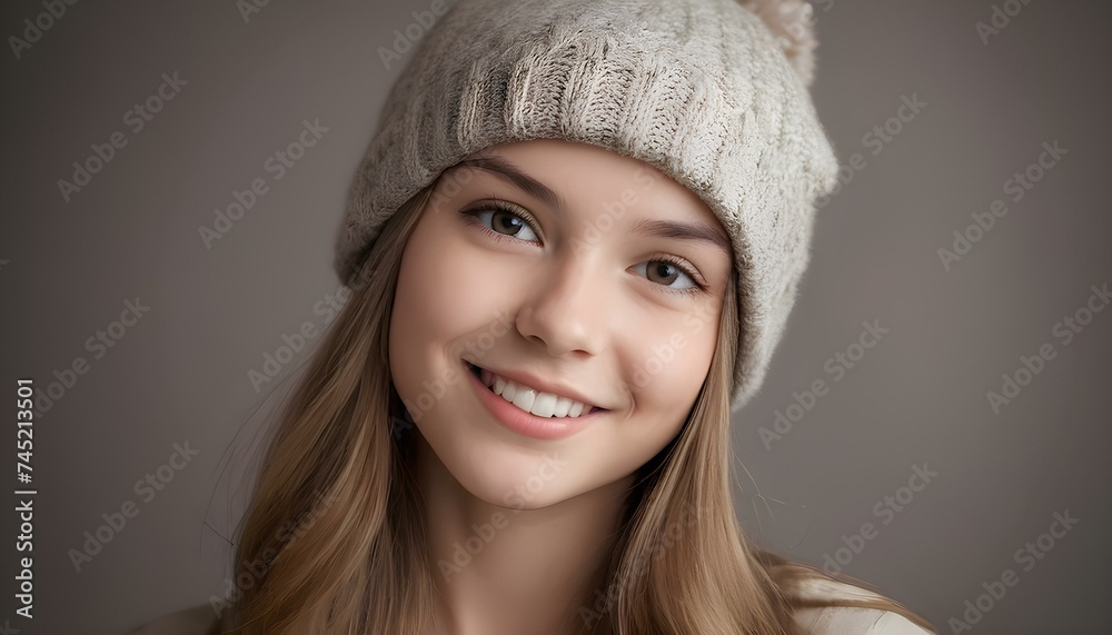 Girl wear winter cap, Smiling face Girl wear winter cap, Smiling face