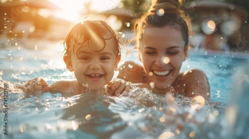 Mother teaching cute baby how to swim in a swimming pool. Cute smiling child having fun swimming and diving in the pool at the resort on summer vacation. ai