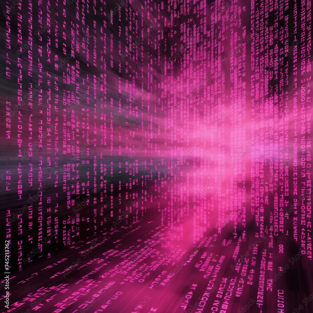 Pink digital binary data on computer screen background