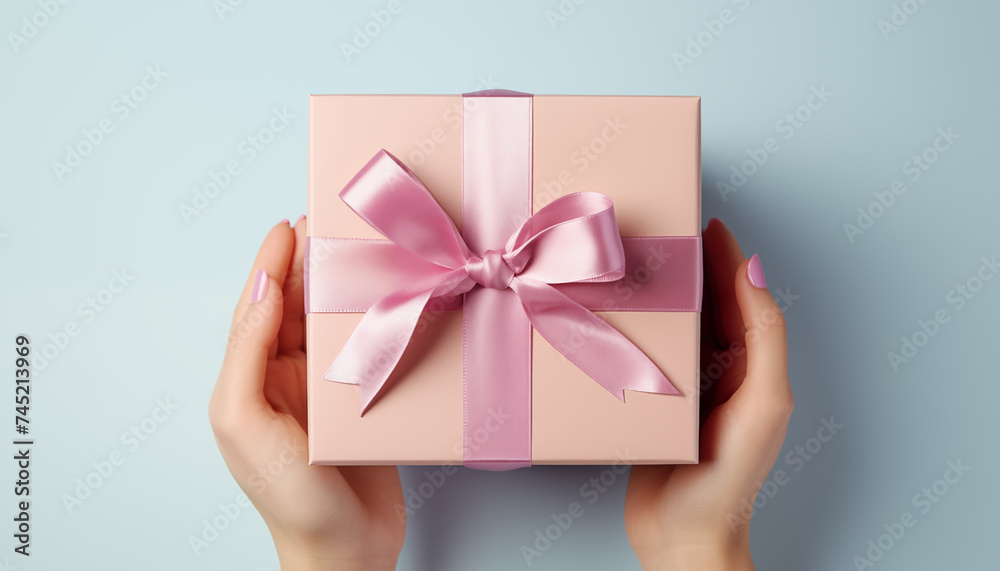 giving a gift. hands holding a gift on a pastel background. giving a gift. hands holding a gift on a pastel background.