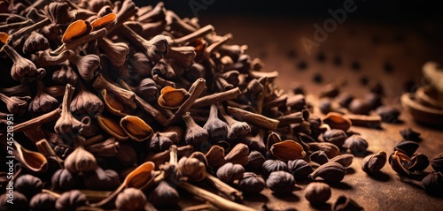 a pile of cloves sitting on top of a table next to a wooden bowl of cloves.