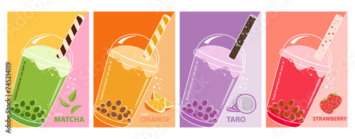 Vector illustration of a latte drink with strawberry, matcha, orange and taro flavors in a transparent plastic glass and a brown straw