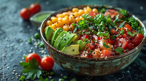 A dish made with staple food like avocado, corn, and tomatoes on a table