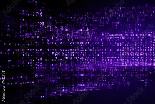 Purple digital binary data on computer screen background