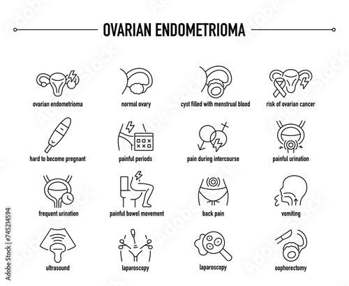 Ovarian Endometrioma symptoms, diagnostic and treatment vector icons. Line editable medical icons. photo