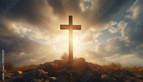 a large wooden cross against a background of clouds at sunset. concept of belief in god. composition of religion.