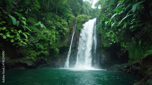 lush green foliage surrounds a powerful waterfall in the middle of a tropical rainforest. the water is crystal clear.