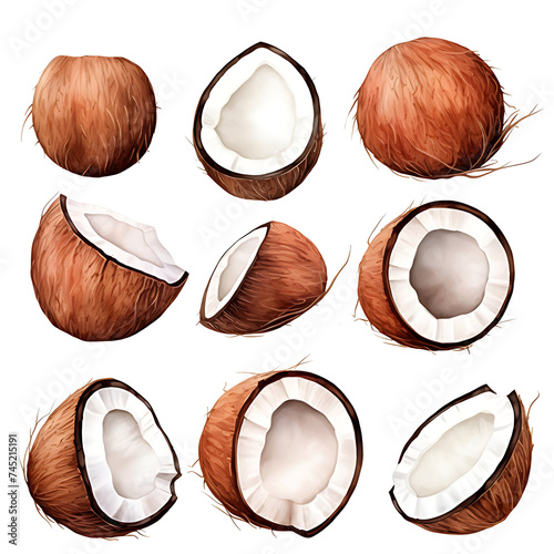 watercolor painting realistic Coconut with slices on white background. Clipping path included. photo