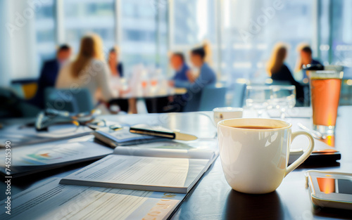 A business team in a meeting at a conference room with a coffee mug and documents on the table.