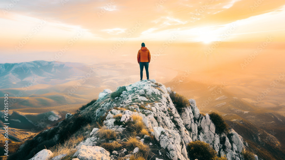 A lone hiker stands on a mountain peak against a stunning sunset, embodying adventure and the beauty of nature.