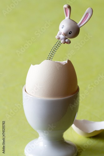 Easter bunny popping out of cracked eggshell, surprise egg, creative easter concept