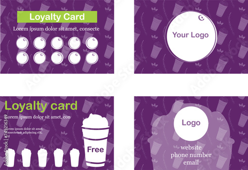 Brazilian acai berry. Loyalty card template with seamless pattern background, acai cup and acai berry. Collect stamps and enjoy one for free. 