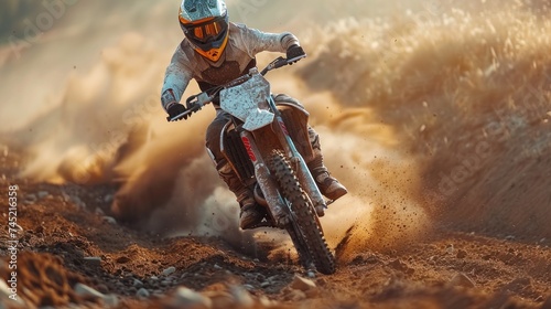 Extreme motocross rider riding on dirt track background © fajar