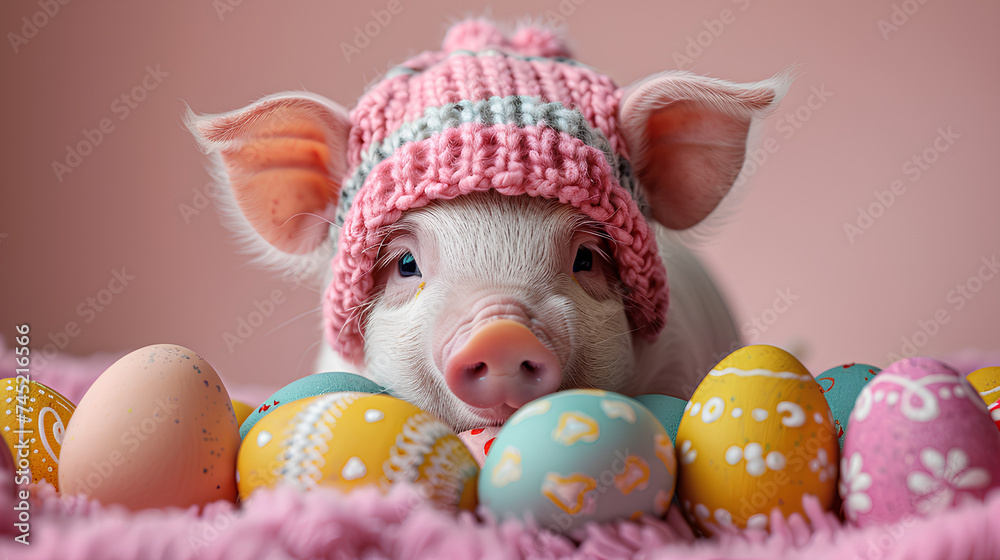 A pretty pink Easter pig with flowers and colored eggs. Bright Easter.