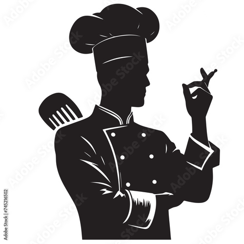 Black silhouette of male chef cook or professional bakery cartoon character design flat vector illustration isolated on white background