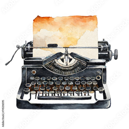 Vintage typewriter with paper watercolor illustration clipart