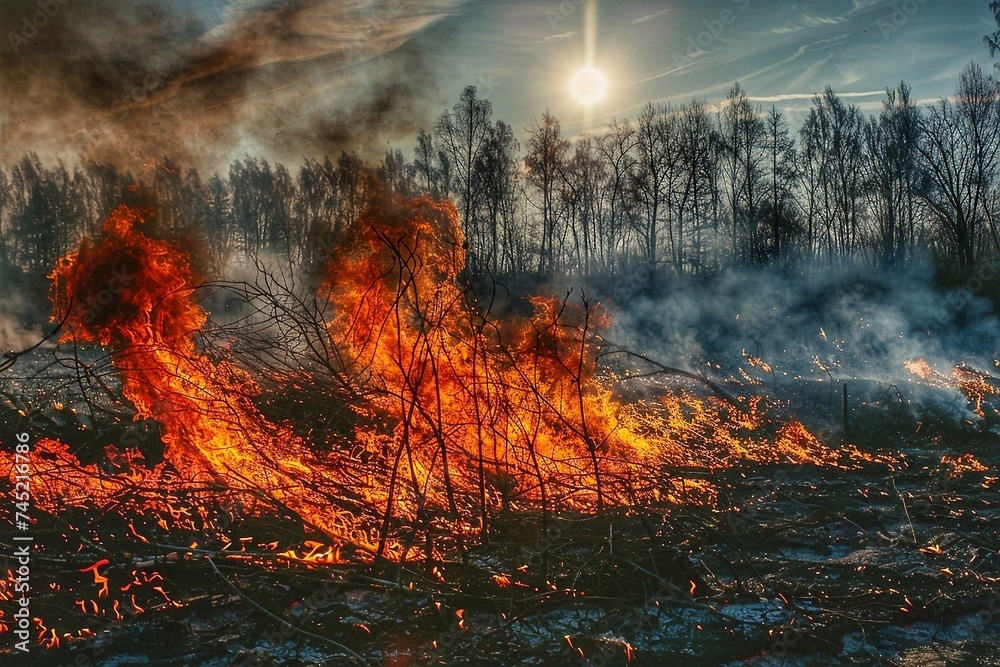 Forest fire. Burning dry grass and trees in the forest. Natural disaster.