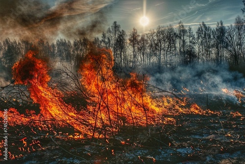Forest fire. Burning dry grass and trees in the forest. Natural disaster.