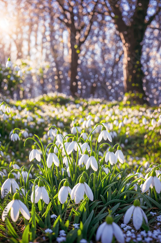 First beautiful snowdrops in spring in the forest. Galanthus nivalis blooms