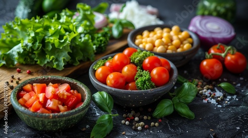 Various veggies in bowls on table natural foods for recipes