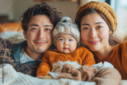 赤ちゃんのいる若い家族のポートレート　カメラ目線 photo