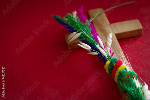 Traditional colorful palm and wooden cross on red background. Palm Sunday concept