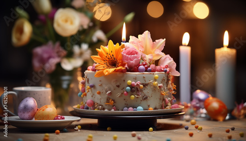 traditional Easter cake with flowers and candles. celebrating Easter with cake.