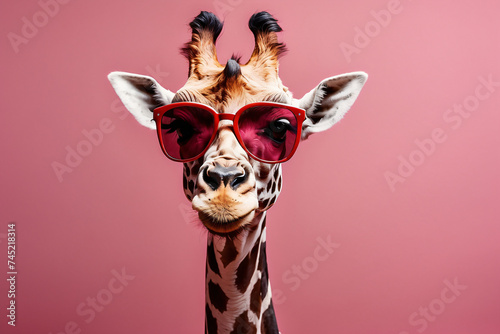 A giraffe wearing red glasses is smiling at the camera. The image has a playful and lighthearted mood  as the giraffe is dressed up in a human-like manner